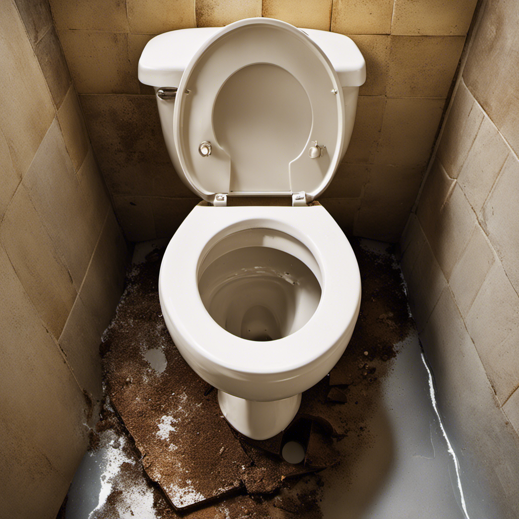 An image capturing a well-lit bathroom floor, showing a disassembled toilet with its base removed