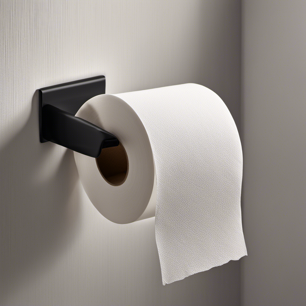 An image showcasing a close-up view of a hand effortlessly sliding the cardboard tube off a toilet paper holder, replacing it with a fresh roll, while the light casts a subtle shadow on the bathroom tiles