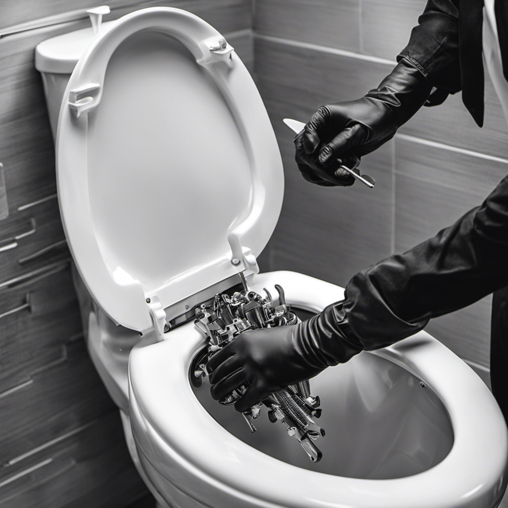 An image capturing a pair of gloved hands unscrewing the bolts on a toilet seat, revealing the intricate step-by-step process of removing and replacing the seat cover