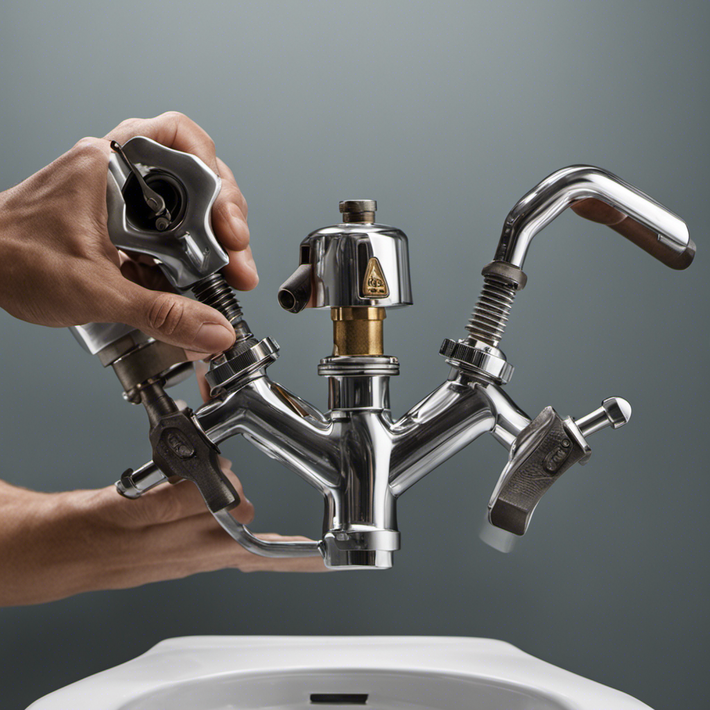 An image capturing a close-up of a pair of hands gripping a wrench, turning the handle of a shut off valve located beside a toilet