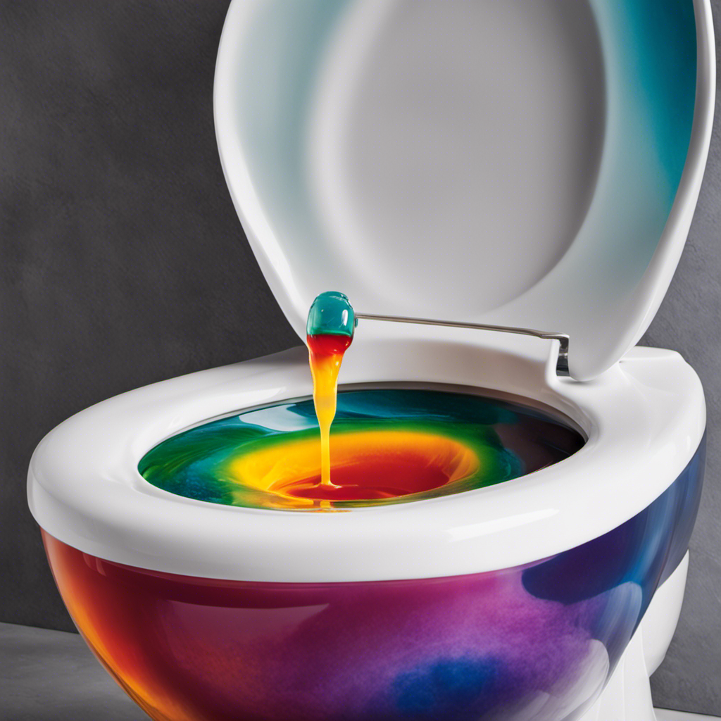 An image that showcases a person placing food coloring into the toilet tank, with water slowly seeping into the bowl
