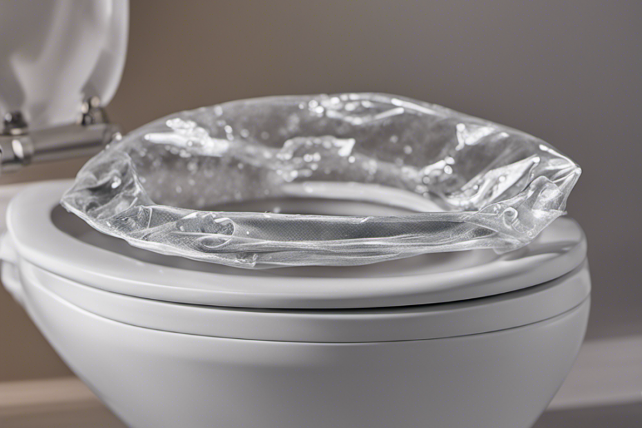 An image showcasing a close-up of a toilet bowl with a transparent plastic bag wrapped around it, capturing water droplets forming on the bag's surface, highlighting the importance of identifying toilet leaks