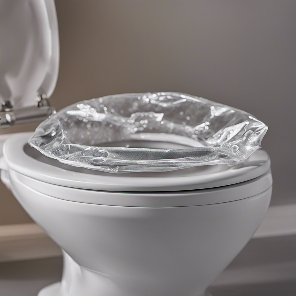 An image showcasing a close-up of a toilet bowl with a transparent plastic bag wrapped around it, capturing water droplets forming on the bag's surface, highlighting the importance of identifying toilet leaks