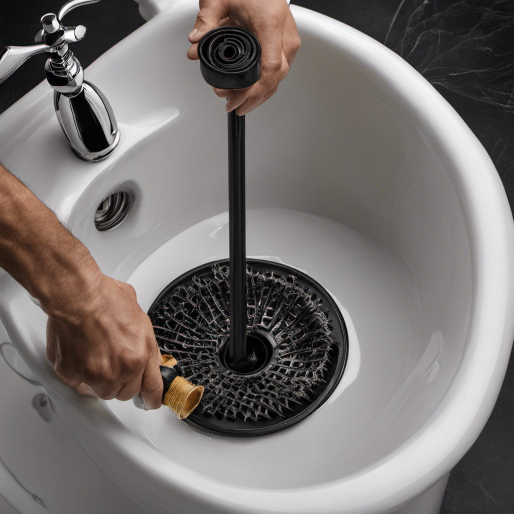 An image illustrating a close-up view of a bathtub drain being meticulously unclogged, showcasing a combination of a plunger, a drain snake, and gloved hands removing clumps of hair and debris