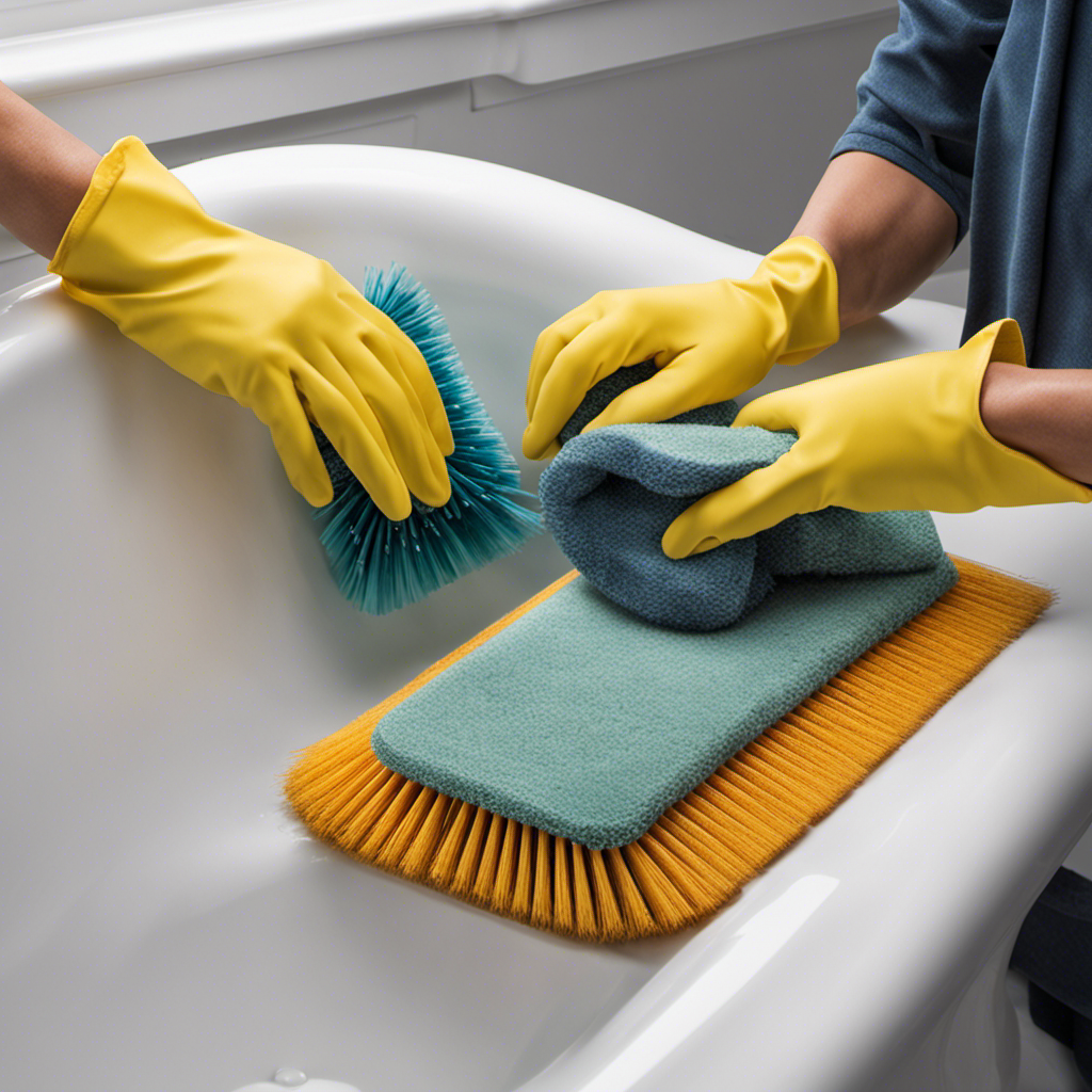 An image showcasing a pair of gloved hands firmly gripping a scrub brush, vigorously scrubbing a bathtub mat