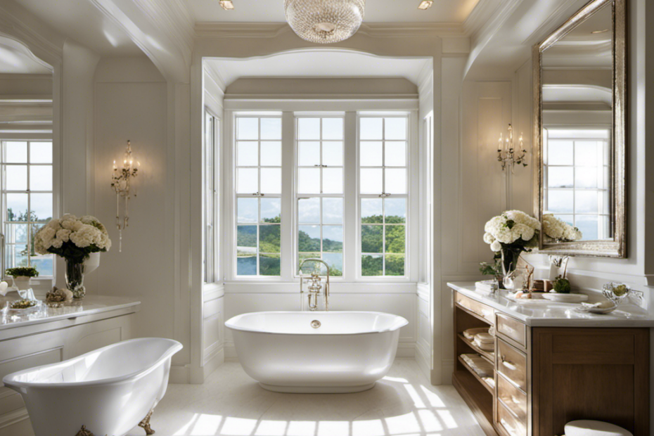 An image showcasing a sparkling white bathtub as sunlight streams through a spotlessly clean window