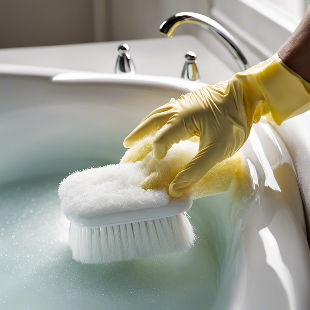 An image showcasing a pair of gloved hands holding a scrub brush, with vibrant bubbles and streaks of soap suds covering a sparkling white bathtub, illustrating step-by-step instructions for cleaning a bathtub