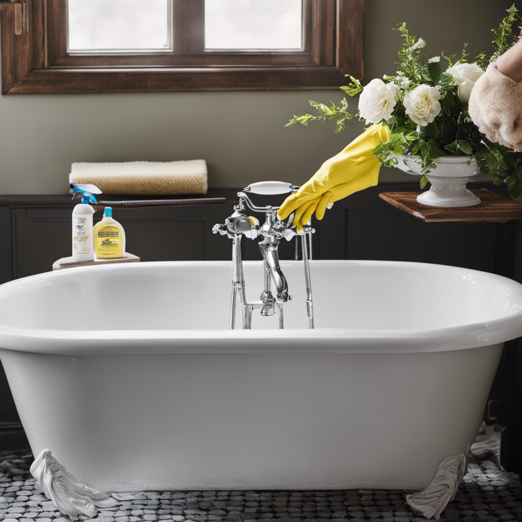 An image showcasing the step-by-step process of cleaning a cast iron bathtub