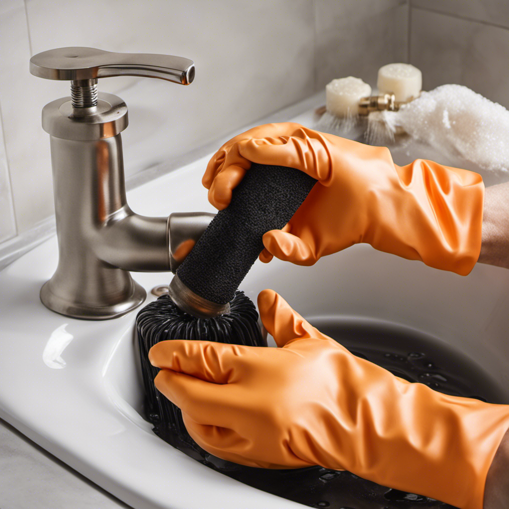 An image showcasing a hand wearing rubber gloves, holding a plunger positioned over a clogged bathtub drain