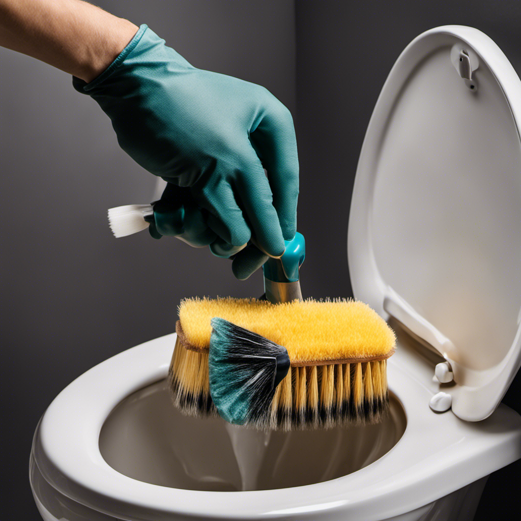 An image showcasing a gloved hand holding a scrub brush, vigorously scrubbing a stained toilet bowl