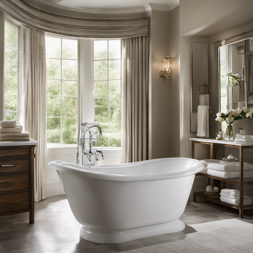 An image showcasing a grimy bathtub transformed into sparkling cleanliness; meticulously scrubbed corners, gleaming porcelain, and glistening faucets, with fresh, fluffy towels neatly arranged nearby, ready for a relaxing soak