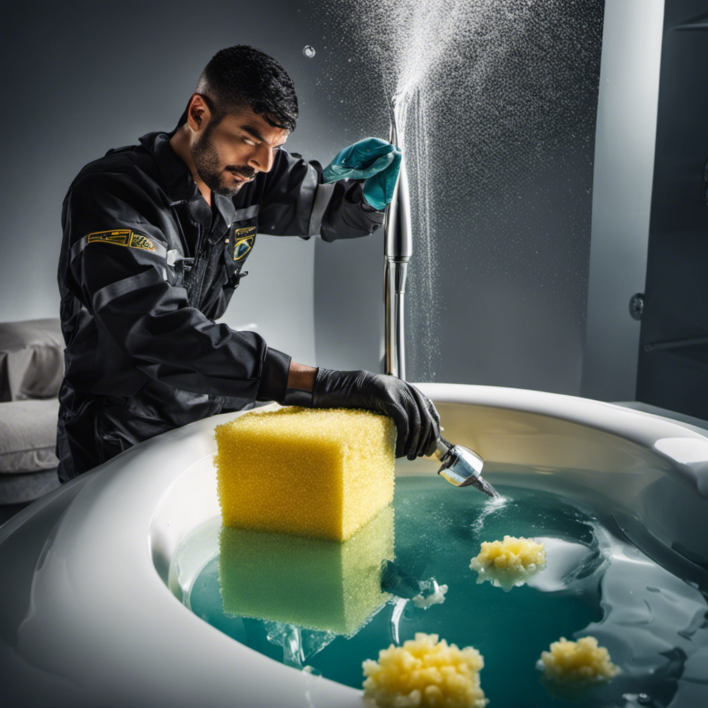 An image showcasing sparkling water being drained from a Jacuzzi bathtub, while a person wearing protective gloves scrubs the tub's interior with a sponge, surrounded by foam, bubbles, and the reflection of a clean, gleaming surface