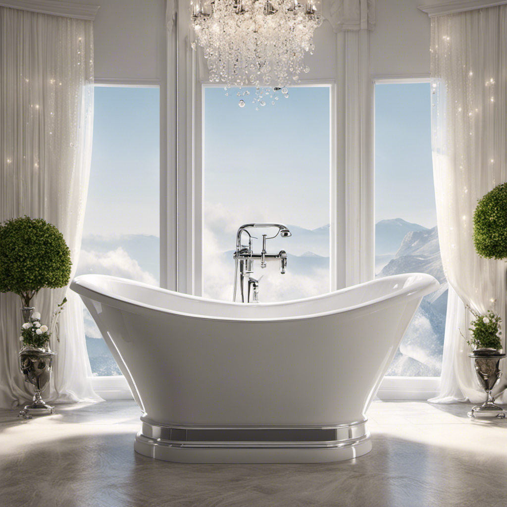 An image showcasing a pristine, white jetted bathtub filled with warm water, surrounded by sparkling bubbles