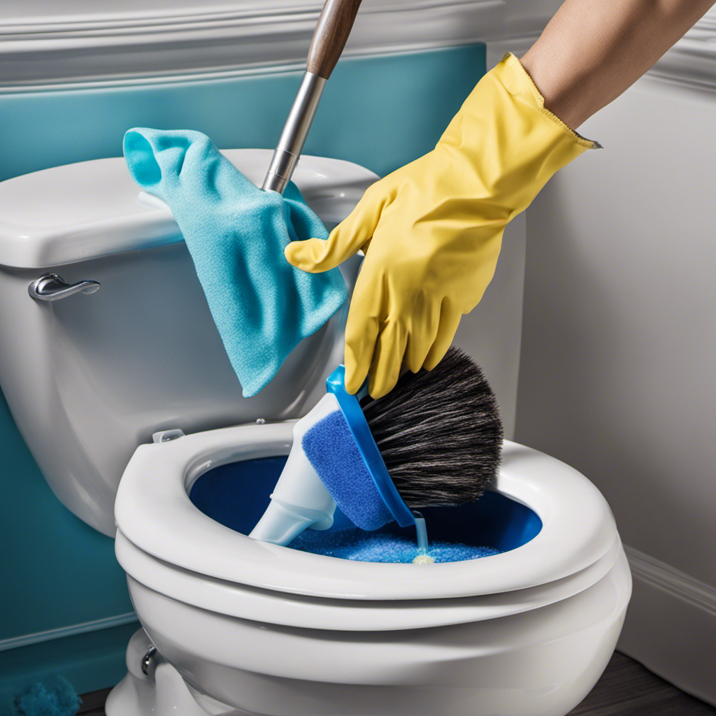 An image of a gloved hand wearing a protective mask, vigorously scrubbing a stained and grimy toilet bowl with a long-handled brush, surrounded by foaming cleaning solution and sparkling droplets