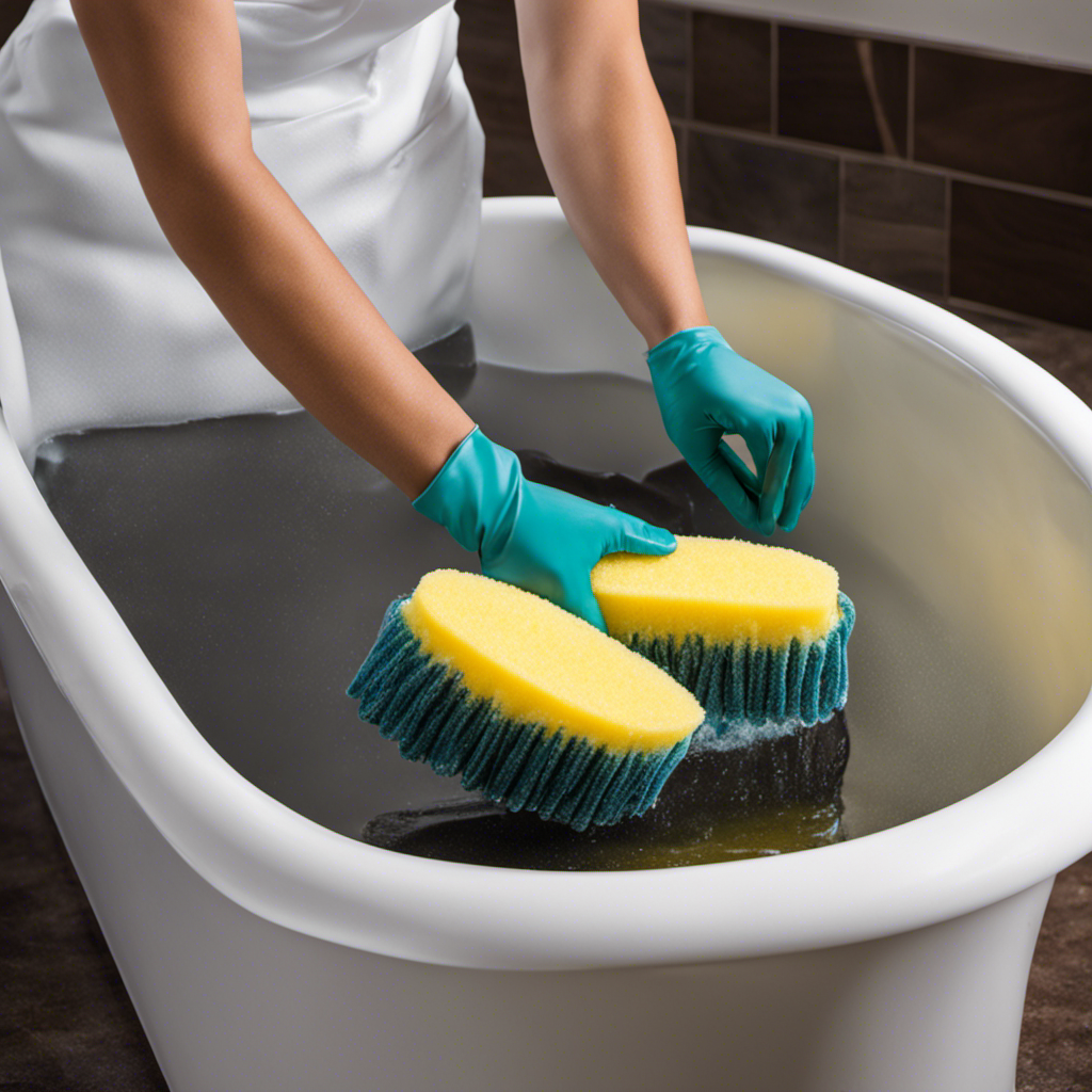 An image showcasing a pair of gloved hands gently scrubbing a plastic bathtub with a sponge, as water cascades down its smooth surface, revealing its sparkling cleanliness