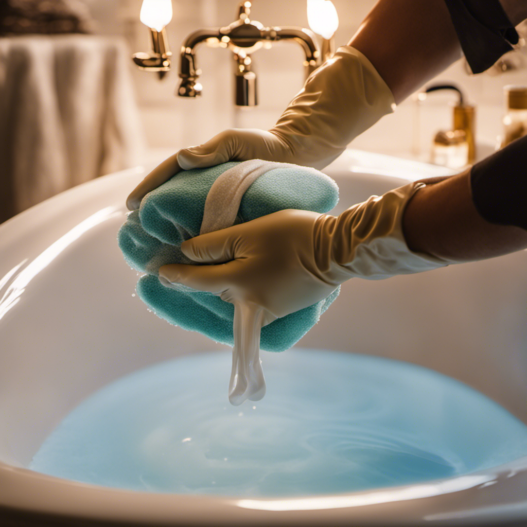 An image capturing the process of cleaning a porcelain bathtub: a gloved hand, holding a soft sponge, gently scrubbing the pristine white surface, while water droplets sparkle under the warm glow of bathroom lights