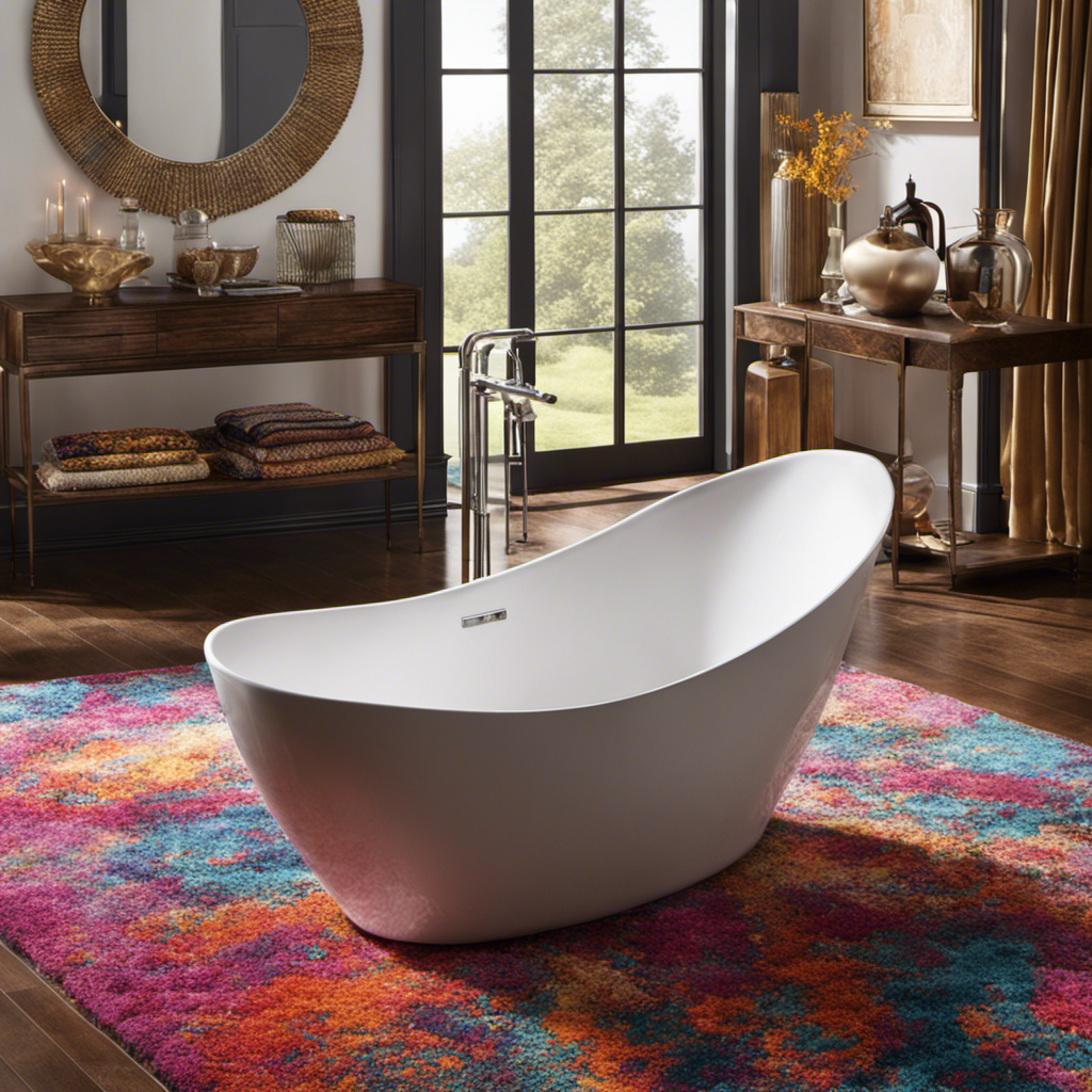 An image showcasing a vibrant, plush rug submerged in a sparkling white bathtub filled with warm, soapy water