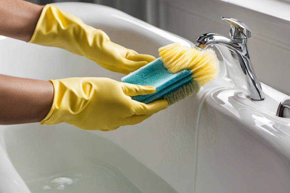An image showcasing a pair of gloved hands gently scrubbing a textured bathtub with a soft-bristled brush, removing grime and revealing the clean, pristine surface underneath