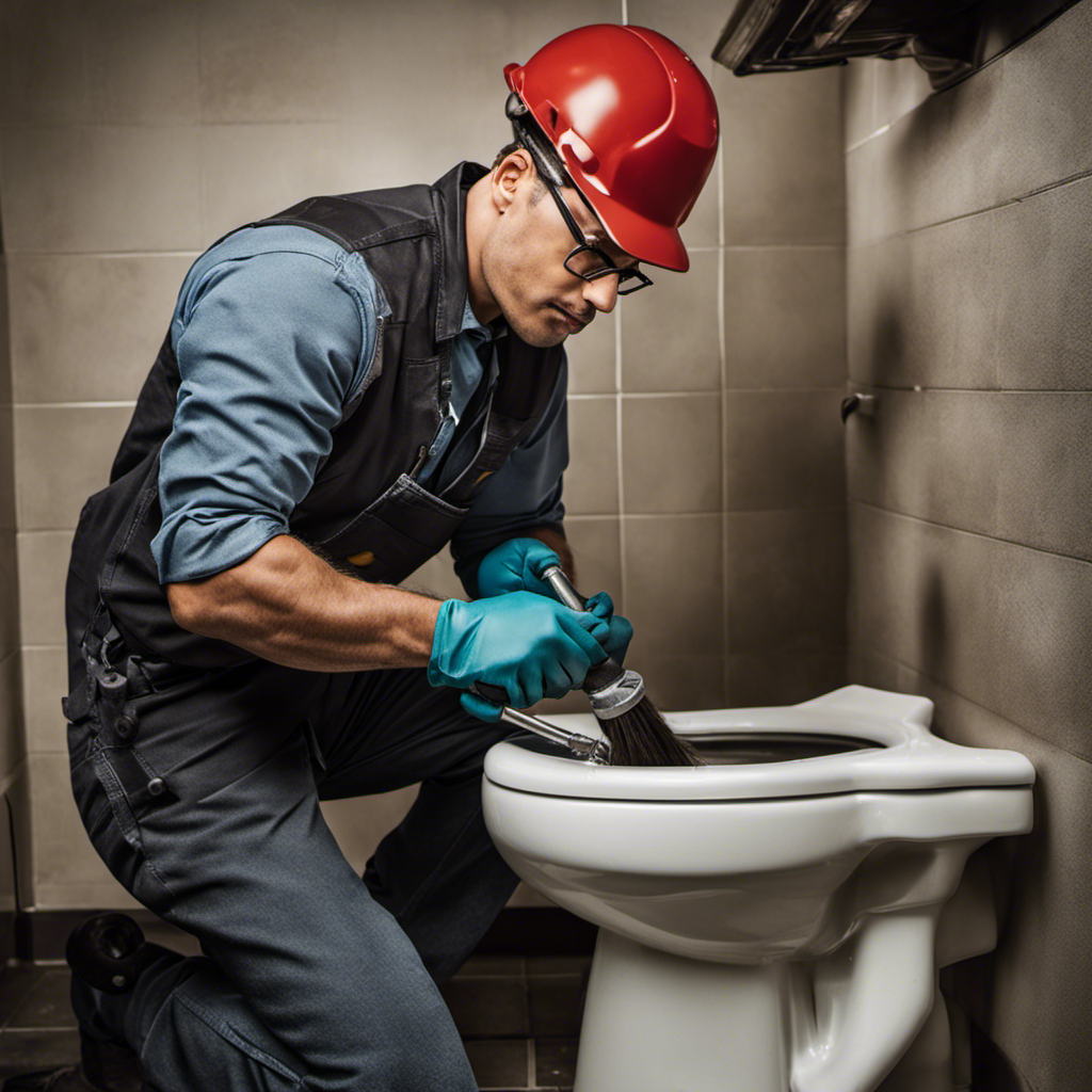 An image of a person wearing rubber gloves and holding a wrench, kneeling beside a toilet tank