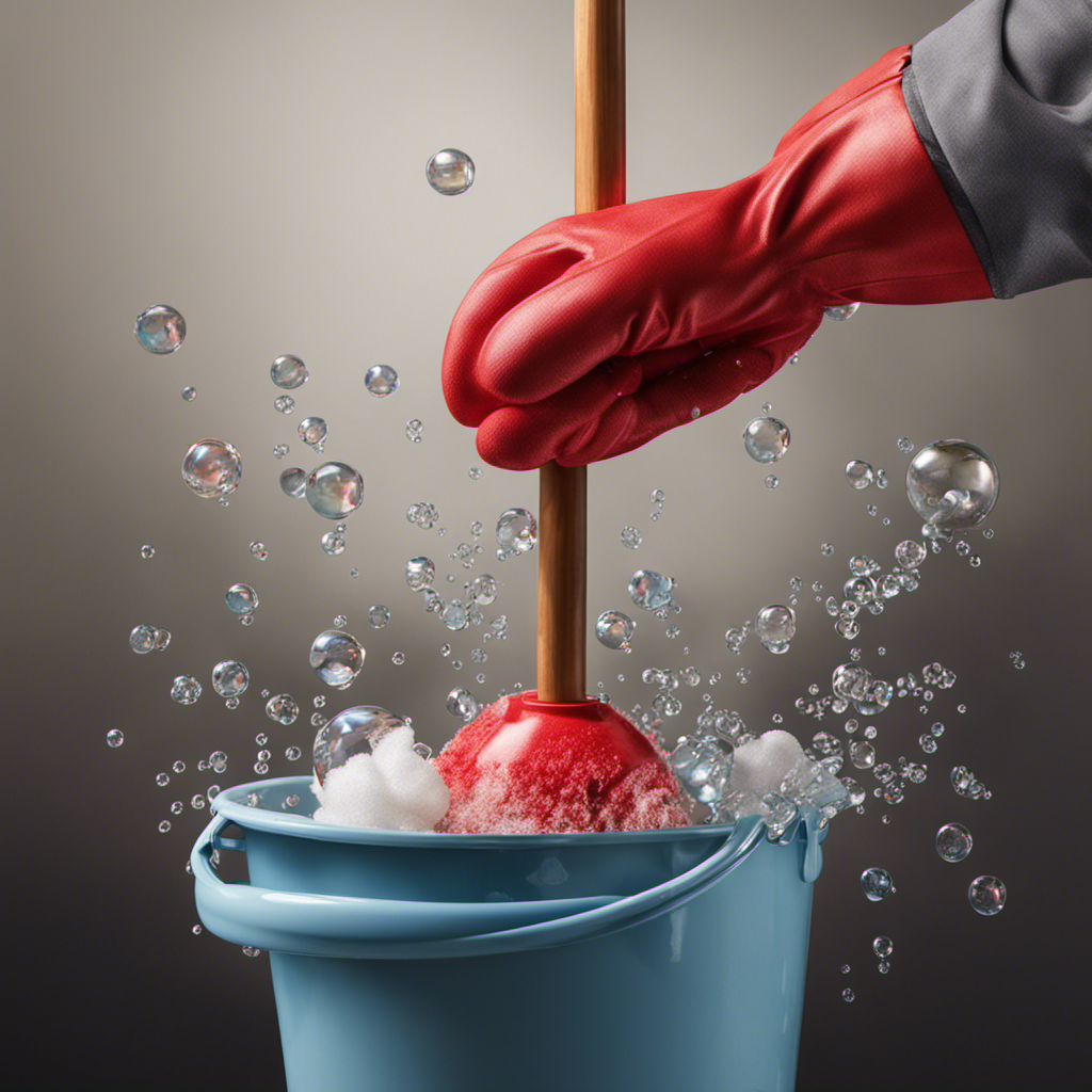 An image depicting a close-up view of a gloved hand holding a toilet plunger submerged in a bucket of soapy water, with bubbles forming around the plunger