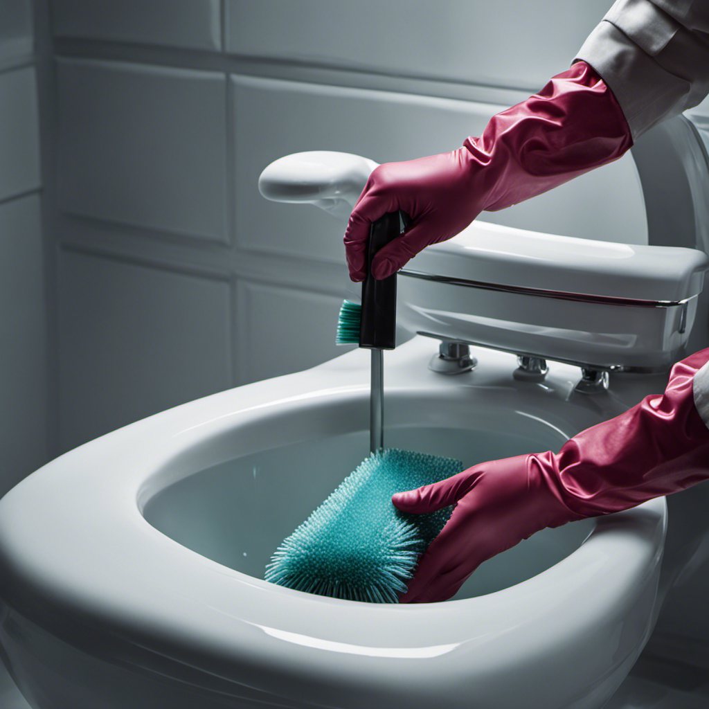 An image capturing a pair of gloved hands holding a scrub brush, vigorously scrubbing the inside of a sparkling clean toilet tank