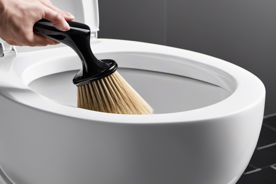 An image showcasing a pair of gloved hands gently scrubbing the sleek surface of a sparkling white Toto toilet bowl, with a pristine toilet brush and a bottle of eco-friendly cleaning solution nearby