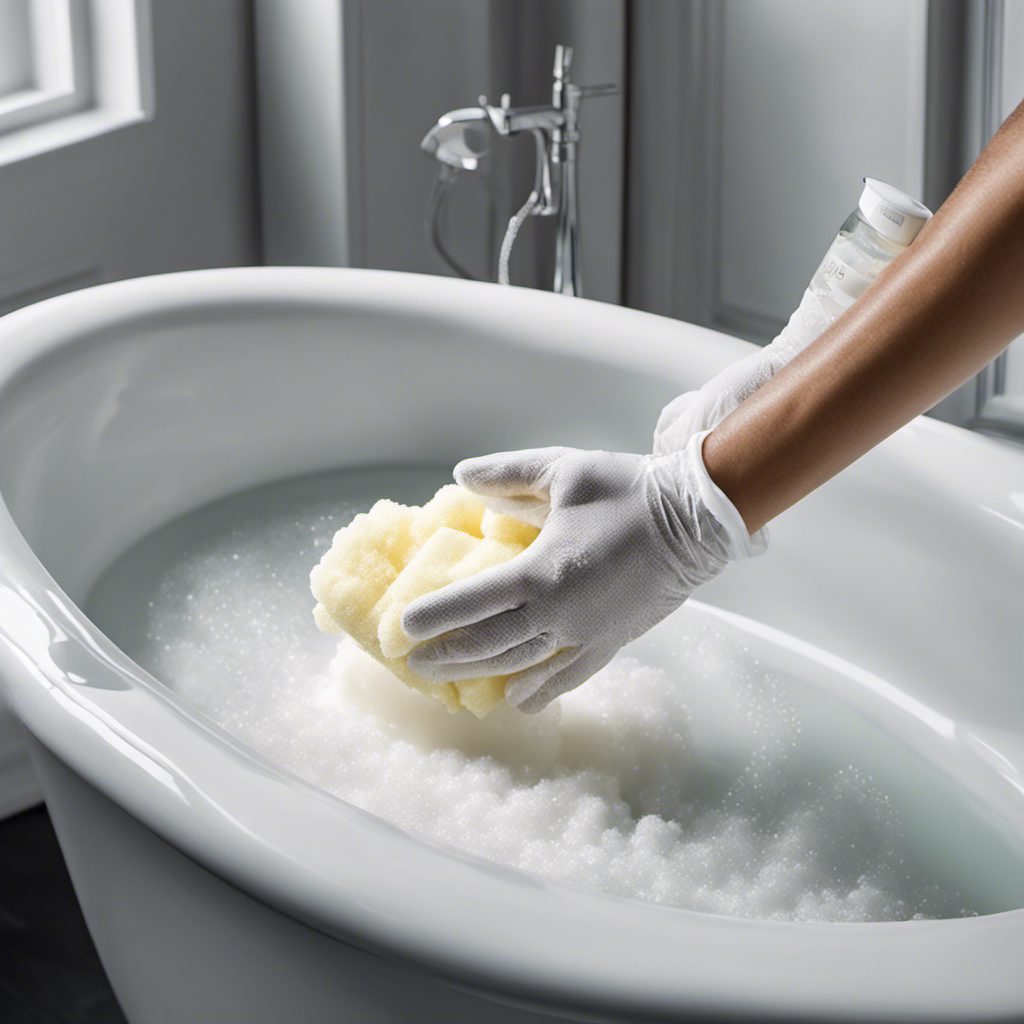 An image showcasing a pair of hands wearing rubber gloves, gently scrubbing the sparkling white surface of a Whirlpool bathtub, surrounded by bubbles and accompanied by a soft sponge and a bottle of cleaning solution