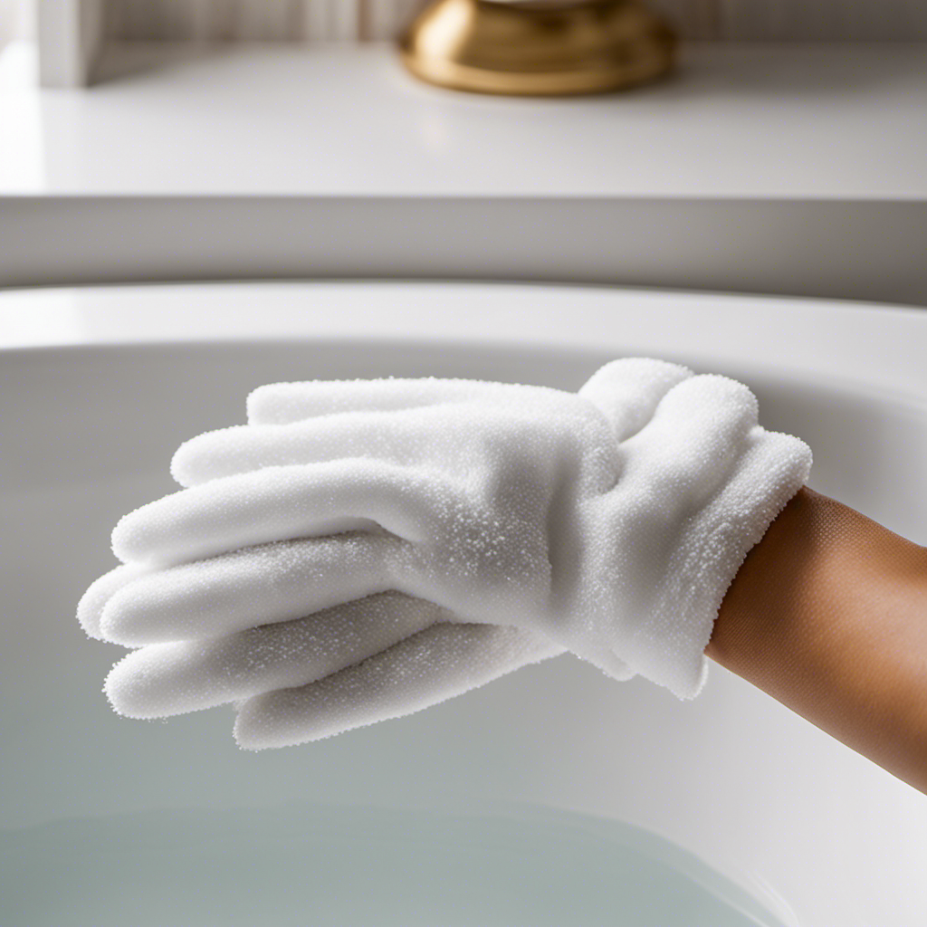 An image showcasing a pair of soft microfiber gloves gently gliding across a pristine acrylic bathtub's surface