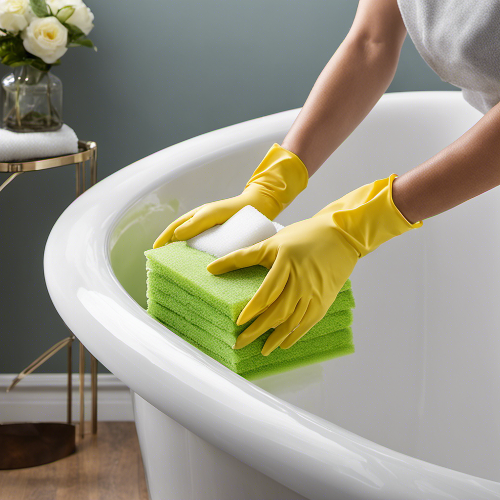 An image showcasing a pair of gloved hands gently scrubbing an acrylic bathtub, using a soft sponge and a non-abrasive cleaner