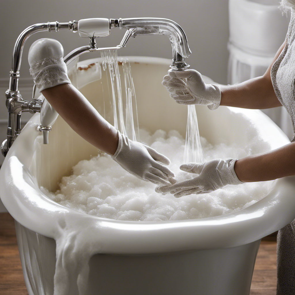 An image that showcases a pair of gloved hands scrubbing vigorously at an old stained bathtub with a mixture of baking soda and vinegar, while water cascades down the sides, revealing the gleaming white porcelain underneath