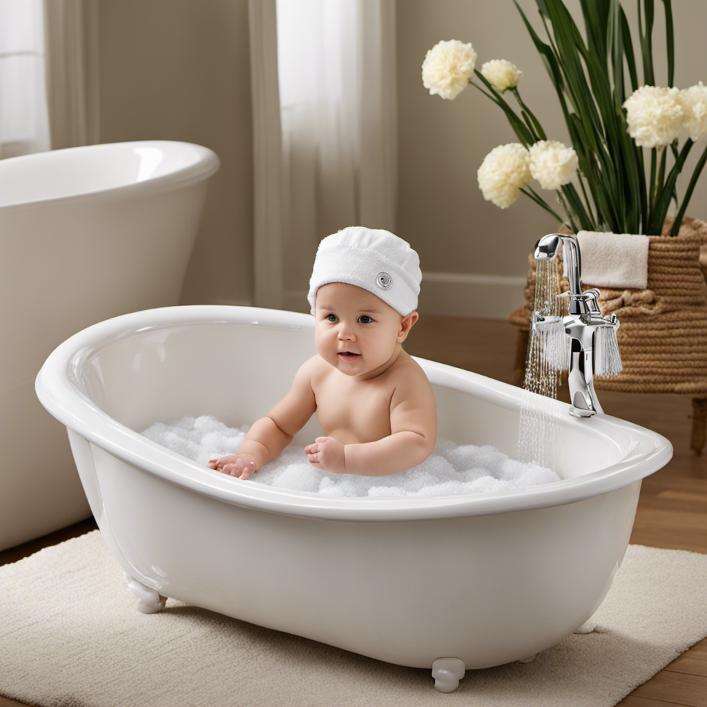An image showcasing a pristine baby bathtub being meticulously cleaned, with sparkling water running from a handheld showerhead, soft scrub brushes, and gentle wipes arranged neatly nearby