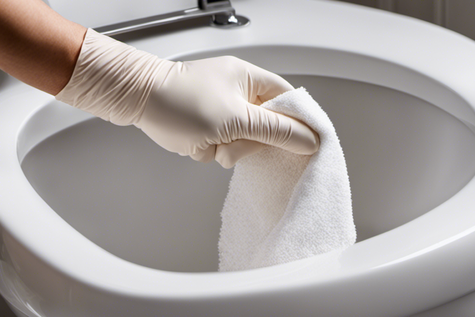 An image showcasing a gloved hand holding a microfiber cloth, delicately wiping away grime from the back of a pristine white toilet