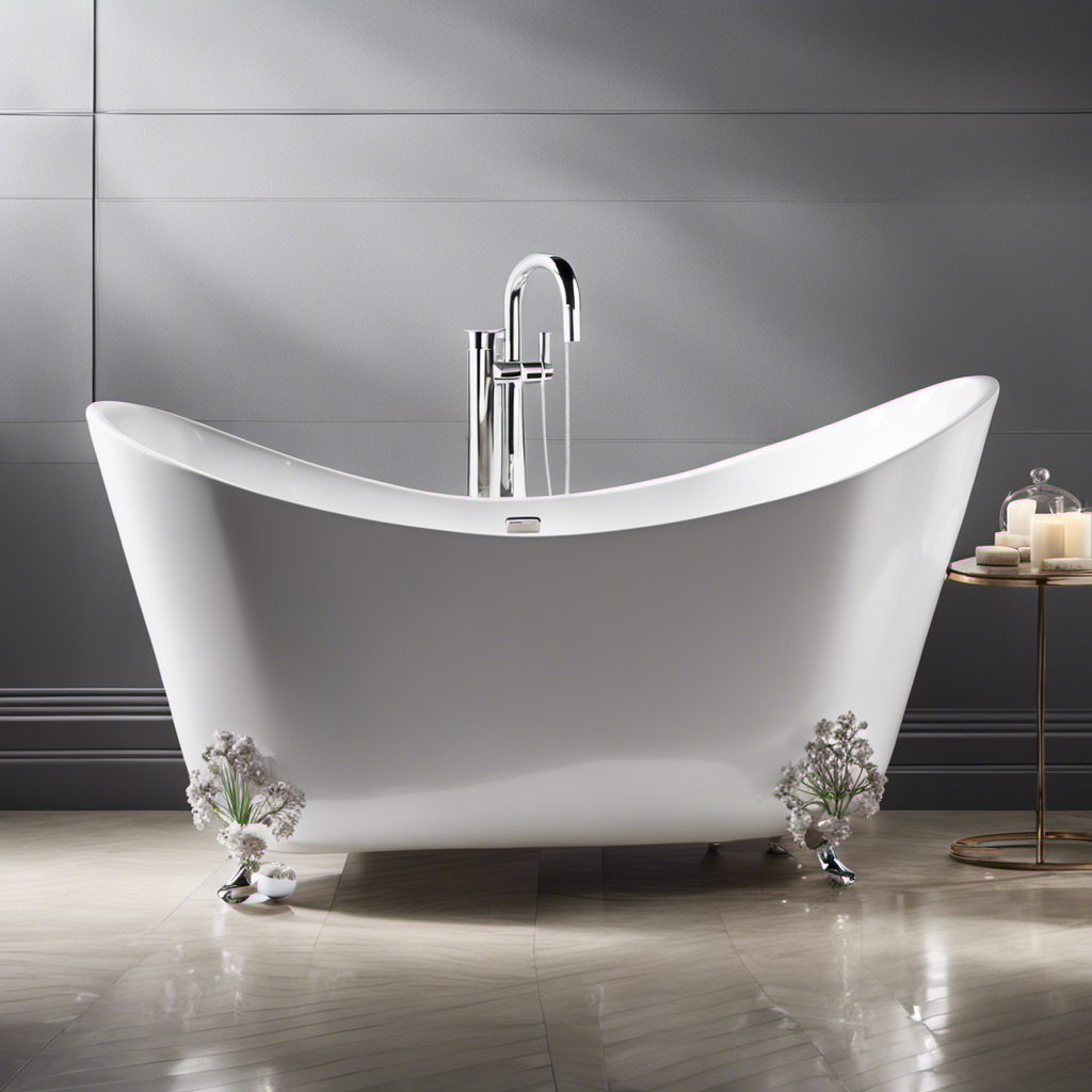 An image showcasing a sparkling white bathtub, adorned with glistening droplets of water, as a soft sponge gracefully glides along its surface, effortlessly removing soap scum and grime