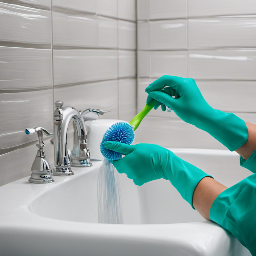 An image capturing a gloved hand gently scrubbing bathtub caulk using a toothbrush