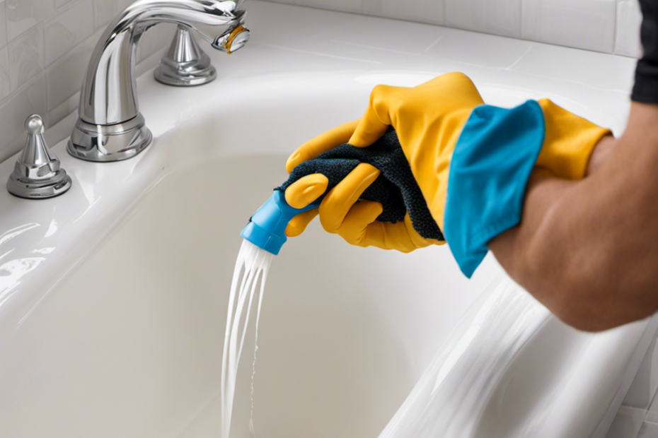 An image showcasing a gloved hand gently scrubbing bathtub caulk with a toothbrush, removing dirt and grime