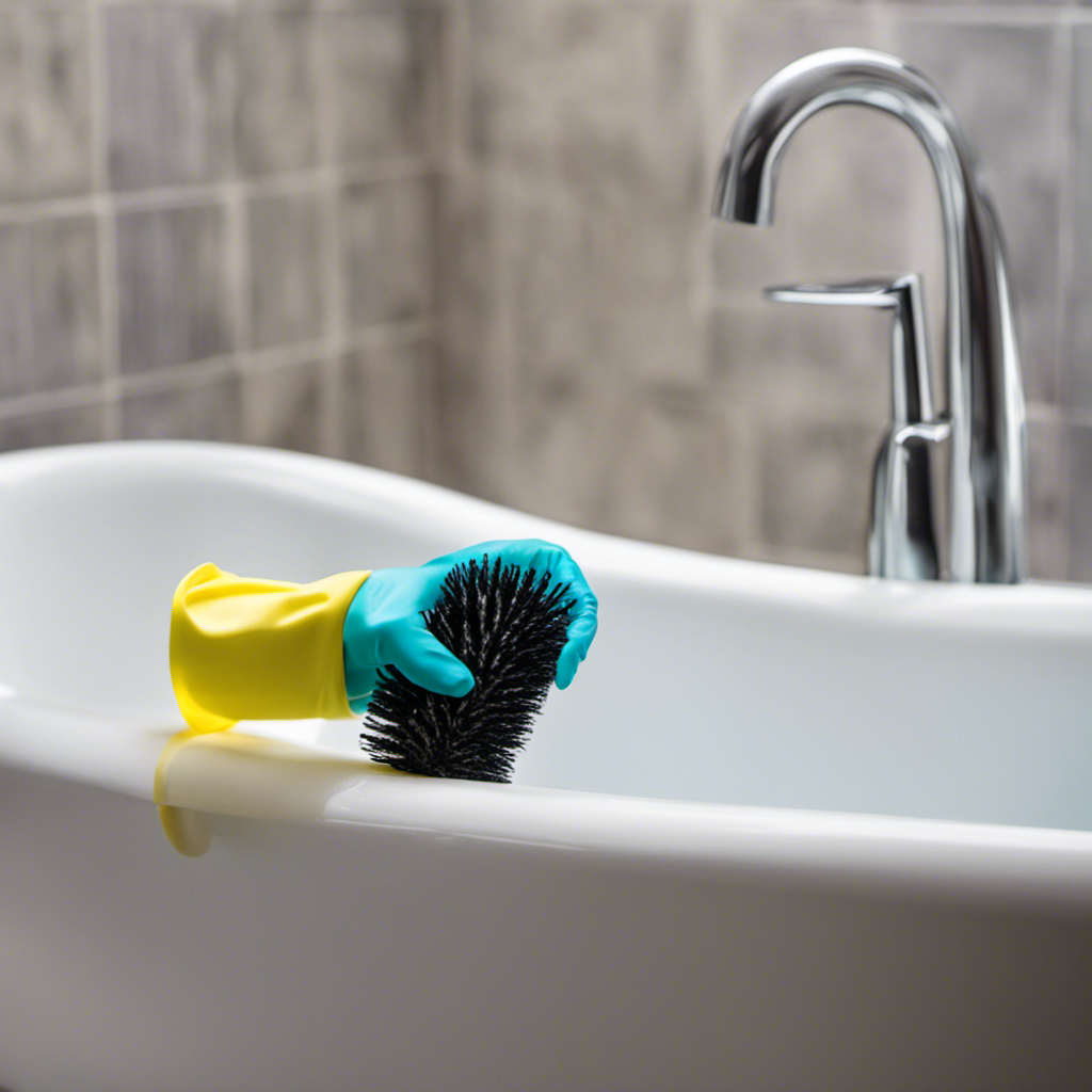 An image showcasing a hand wearing rubber gloves, holding a dirty bathtub drain stopper covered in hair and grime