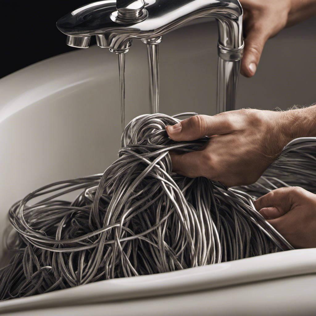 An image showcasing a pair of gloved hands holding a wire hanger, gently unraveling a mass of tangled hair and grime from a clogged bathtub drain