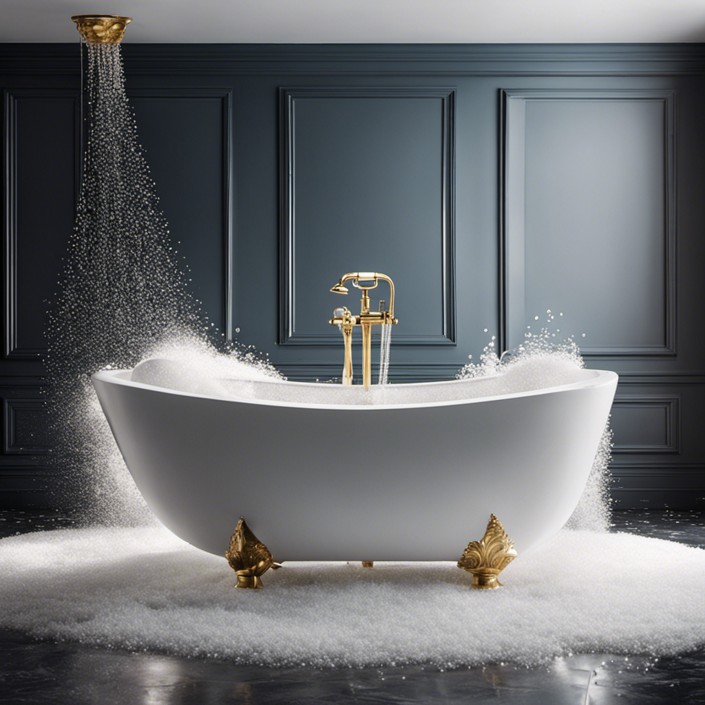 An image showcasing a sparkling white bathtub floor being scrubbed with a long-handled brush, surrounded by foamy bubbles and glistening droplets of water