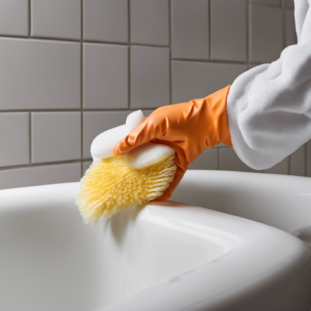 An image showcasing a gloved hand scrubbing the grout lines of a bathtub with a stiff-bristled brush, while small white foam bubbles emerge from the grout, giving a sense of deep cleansing