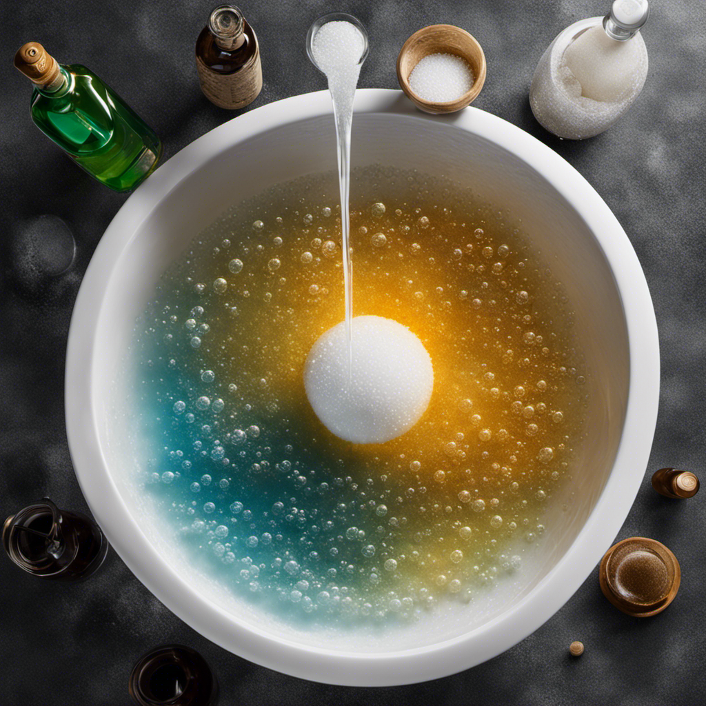 An image showcasing a sparkling white bathtub filled with warm water and vinegar solution