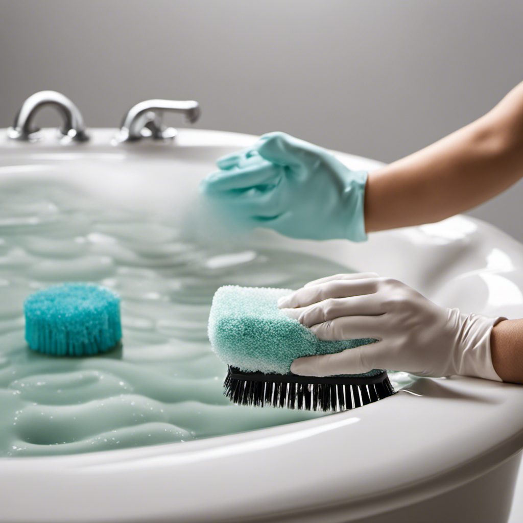 An image showcasing a sparkling bathtub mat being gently scrubbed with a bristle brush, surrounded by splashes of soapy water, while a pair of gloved hands diligently remove dirt and grime