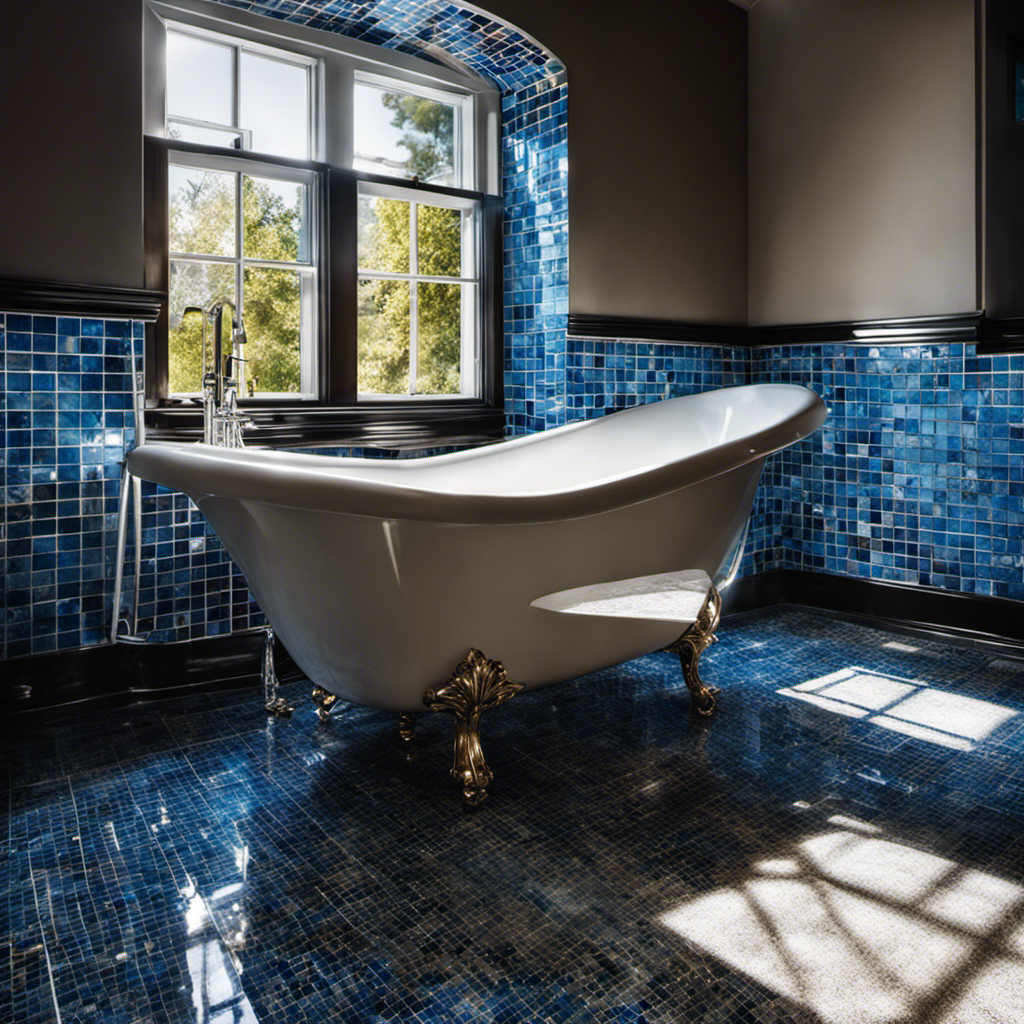 An image showcasing a sparkling white bathtub with vibrant blue tiles, engulfed in sunlight streaming through a window
