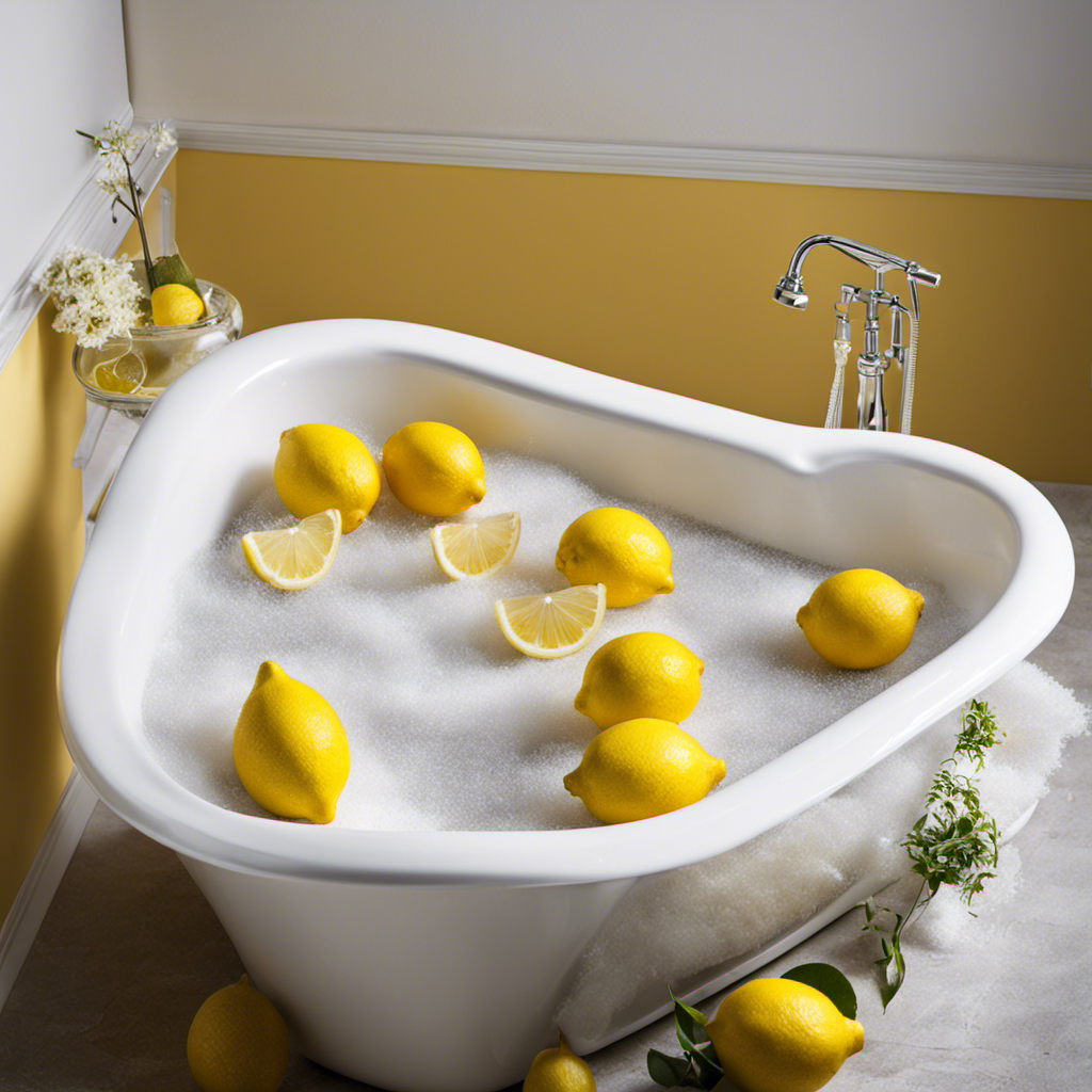 An image showcasing a sparkling white bathtub surrounded by fresh lemons, a spray bottle filled with vinegar, a scrub brush, and a natural loofah sponge, highlighting the process of cleaning the tub naturally