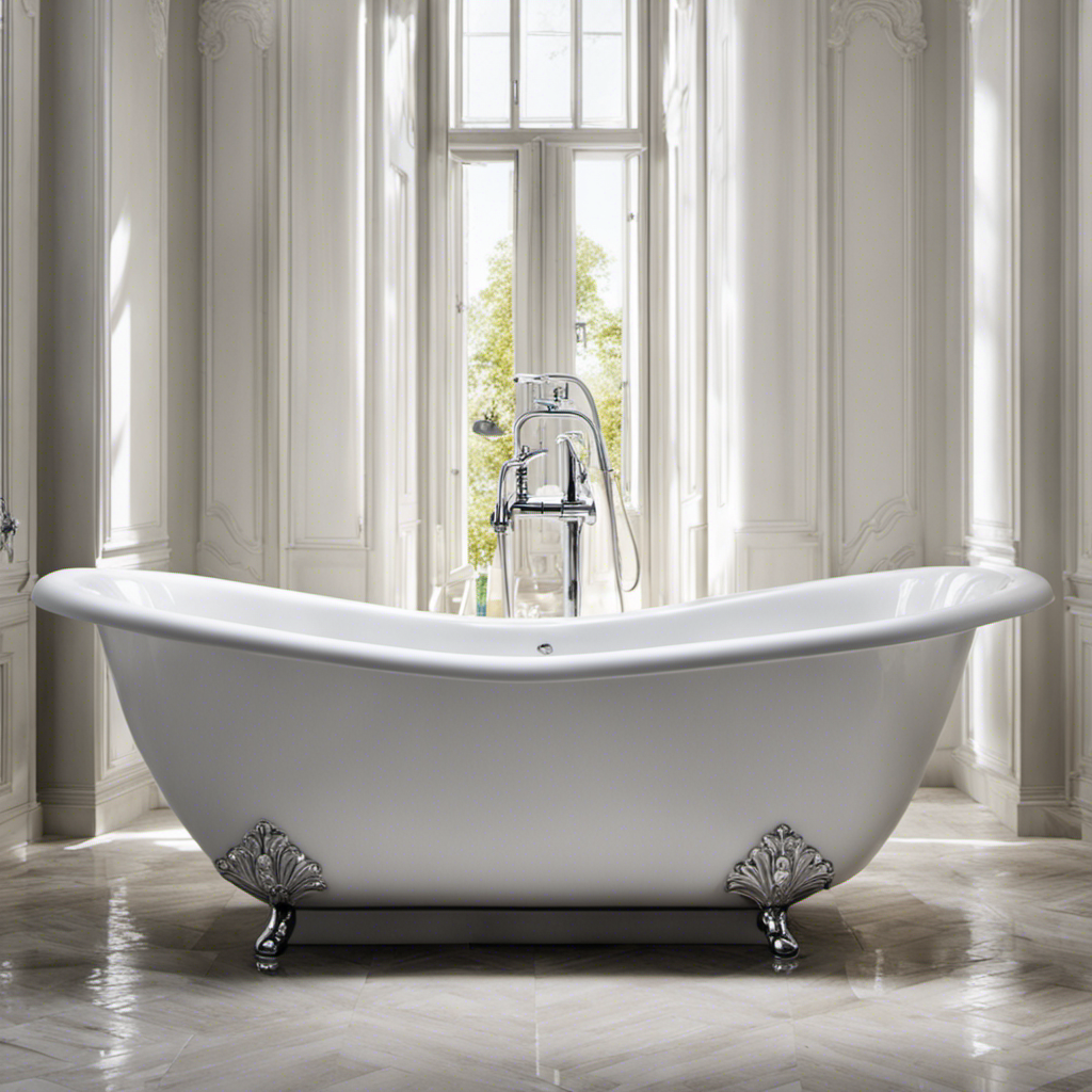 An image showcasing a sparkling white bathtub being scrubbed vigorously with a foam sponge, removing stubborn layers of grimy scum