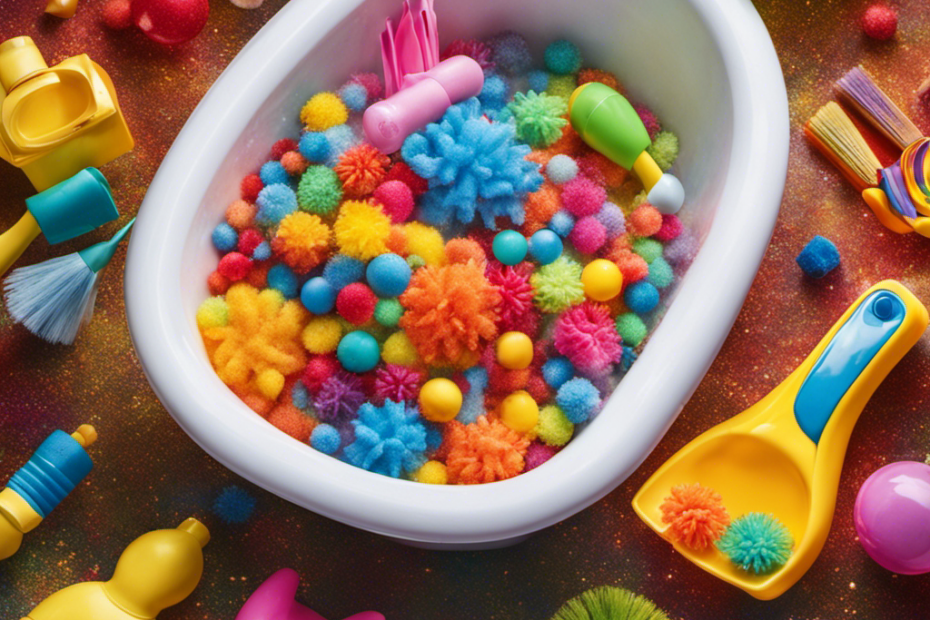 An image showcasing a sparkling bathtub filled with colorful toys