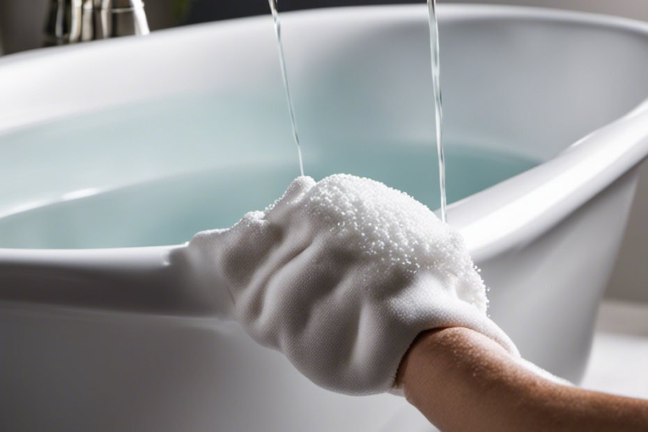An image showcasing a sparkling white bathtub, with a close-up shot of a gloved hand pouring a mixture of baking soda and vinegar onto a stained surface
