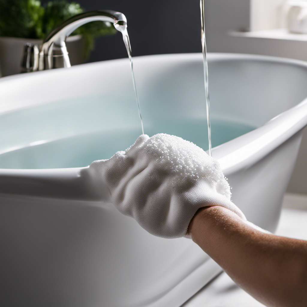 An image showcasing a sparkling white bathtub, with a close-up shot of a gloved hand pouring a mixture of baking soda and vinegar onto a stained surface