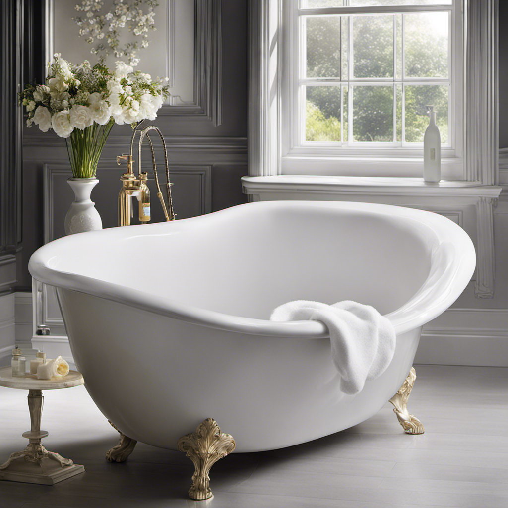 An image that showcases a sparkling white bathtub, filled with warm water and foam from Dawn dish soap