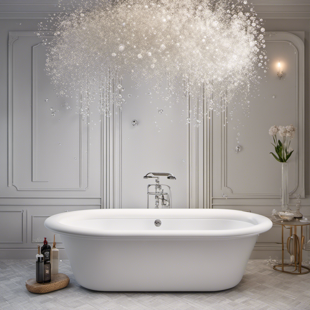 An image showcasing a sparkling white bathtub surrounded by bubbles, with a spray bottle filled with vinegar and a box of baking soda nearby