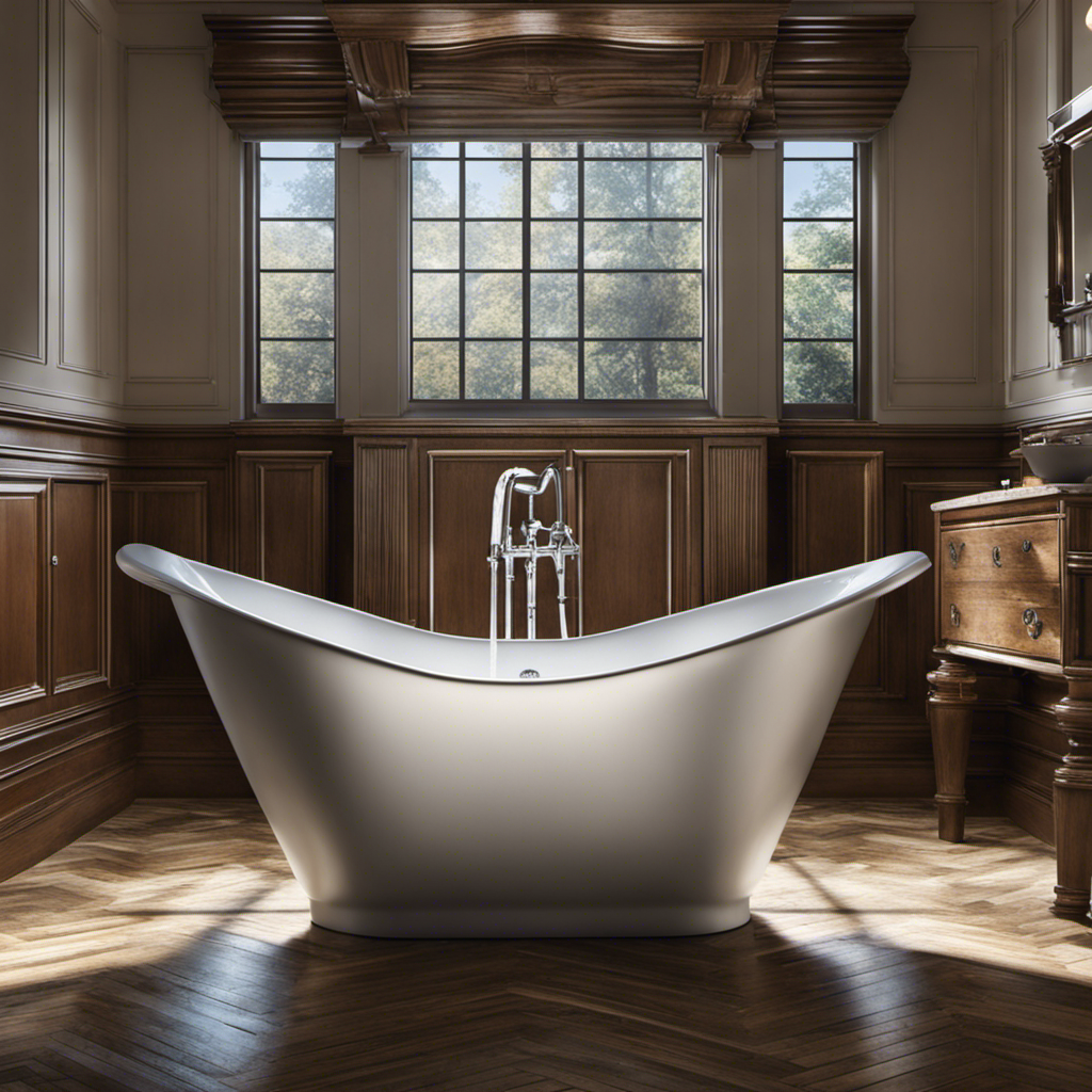 An image showcasing a gleaming bathtub with water cascading down the sides, as a pair of gloved hands effortlessly wipe away grime using a magic cleaning wand